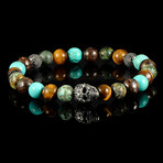 Skull Bead + Turquoise + African Turquoise + Tiger Eye + Bronzite Stretch Bracelet // 8"