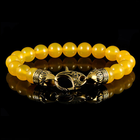 Yellow Agate Stone + Antique Gold Plated Stainless Steel Clasp Bead Bracelet // 8.25"