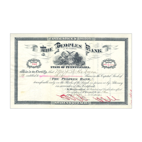 1902 $200,000 The Peoples Bank Stock Certificate // 6 Shares // Gray