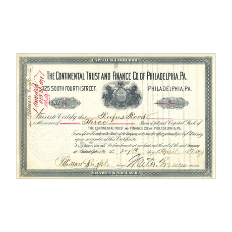 1891 The Continental Trust & Finance Co. of Philadelphia Pa. // 3 Shares