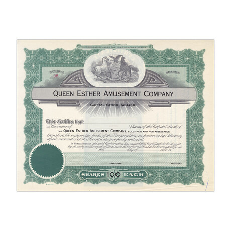 1900's Queen Esther Amusement Company Stock Certificate // Unissued // Shares Vary