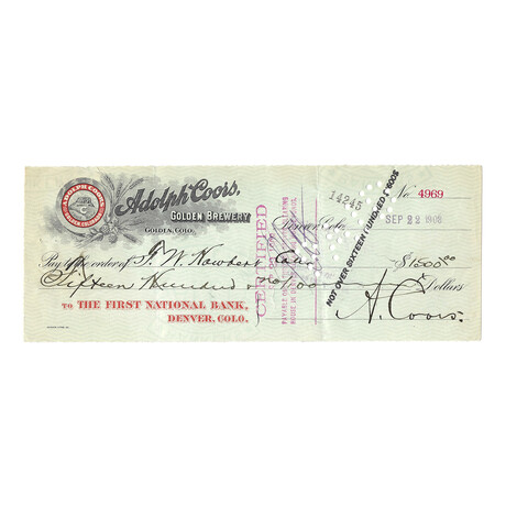 Golden Brewery Adolph Coors Signed Check, First National Bank of Denver, CO. (RARE)