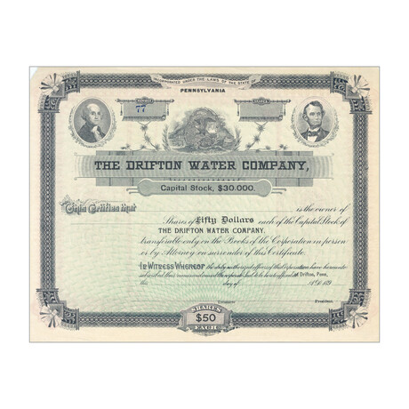 1800's Drifton Water Company Pennsylvania // Unissued Stock Certificate