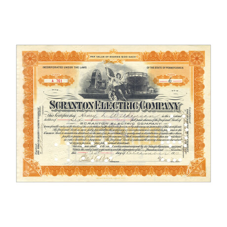 1900s Scranton Electric Company Stock Certificate // Shares Vary // Orange