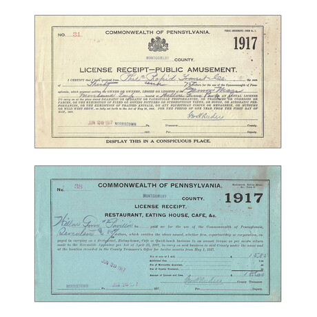 1917 Pennsylvania License Receipts- for Restaurant and Public Amusement // Set of Two // Norristown, PA