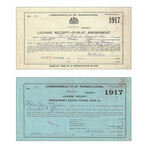1917 Pennsylvania License Receipts- for Restaurant and Public Amusement // Set of Two// Norristown, PA