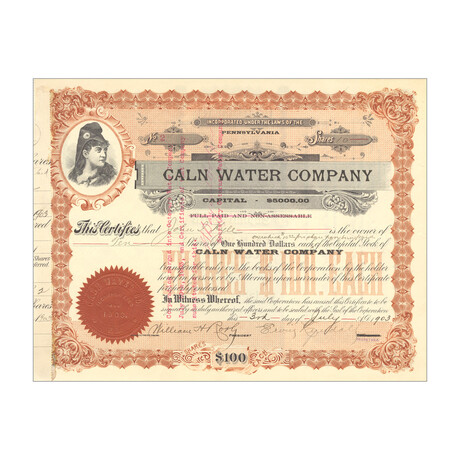 1903 Caln Water Company Stock Certificate // 10 Shares // Red