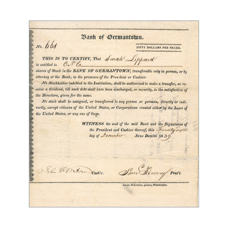 1839 Bank of Germantown Stock Certificate // One Share