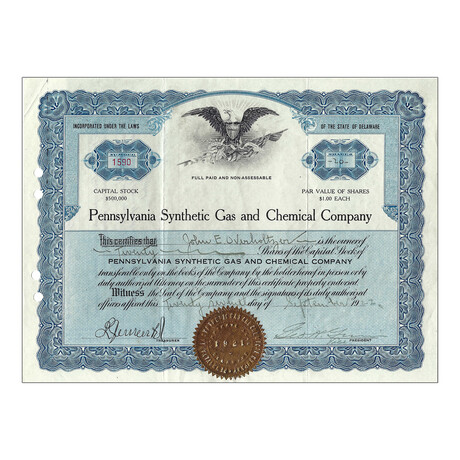 1920s Pennsylvania Synthetic Gas and Chemical Company // Shares Vary // Blue