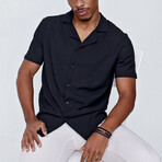 Short Sleeve Apach Collar Crinkle Oversize Shirt // Black (L)