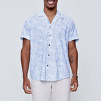 Short Sleeve Cropped Collar Palm Printed Shirt // Blue (S)