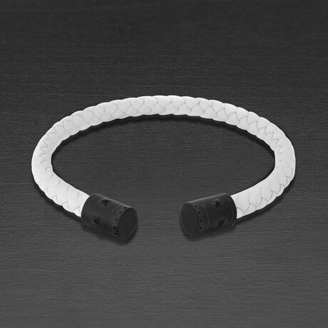 Black Plated Stainless Steel Cap Ends + White Leather Cuff Bracelet