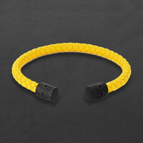 Black Plated Stainless Steel Cap Ends + Yellow Leather Cuff Bracelet