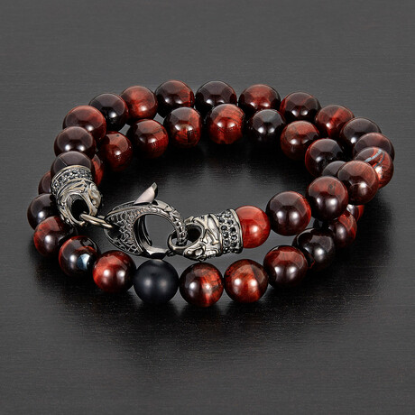 Red Tiger Eye + Matte Onyx + Stainless Steel Clasp Bead Bracelets // Set of 2 // 8.25"