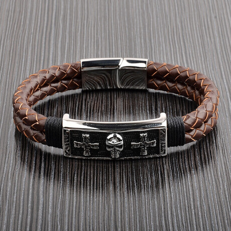 Antiqued Stainless Steel Skull Plated + Leather Cuff Bracelet // 8.5"