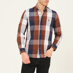 Jamal Button Down Shirt // Dark Blue + Brown (Small)