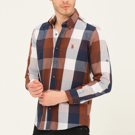 Jamal Button Down Shirt // Dark Blue + Brown (Small)