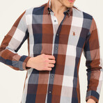 Jamal Button Down Shirt // Dark Blue + Brown (Small)