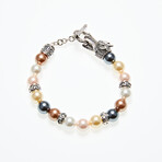 Sterling Silver + 18K Dragon Head Shell Pearl Bracelet // 7" // Multicolored