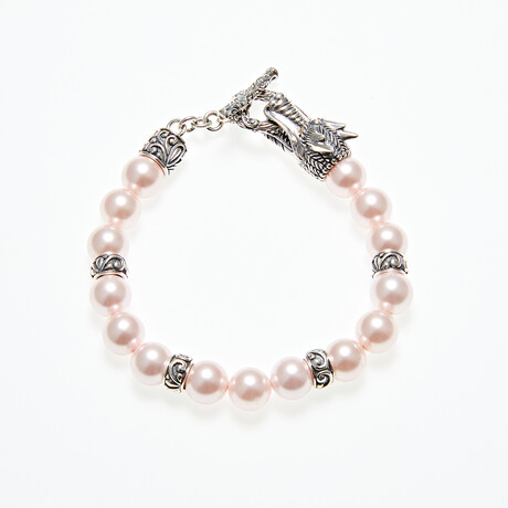 Sterling Silver + 18K Dragon Head Shell Pearl Bracelet // 7" // Pink