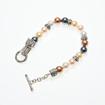Sterling Silver + 18K Dragon Head Shell Pearl Bracelet // 7" // Multicolored