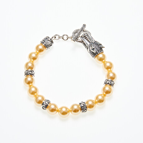 Sterling Silver + 18K Dragon Head Shell Pearl Bracelet // 7" // Yellow