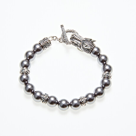 Sterling Silver + 18K Dragon Head Shell Pearl Bracelet // 7" // Gray