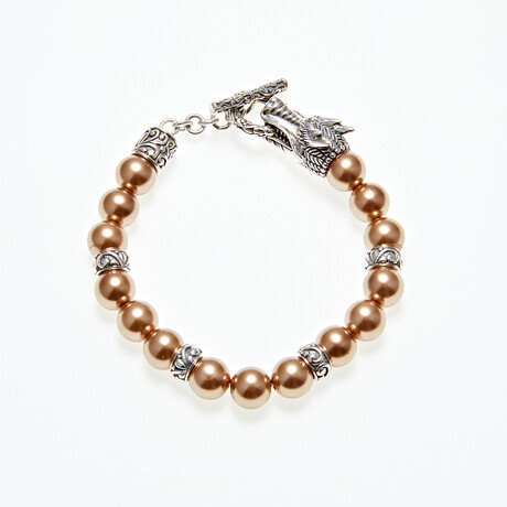 Sterling Silver + 18K Dragon Head Shell Pearl Bracelet // 7" // Brown