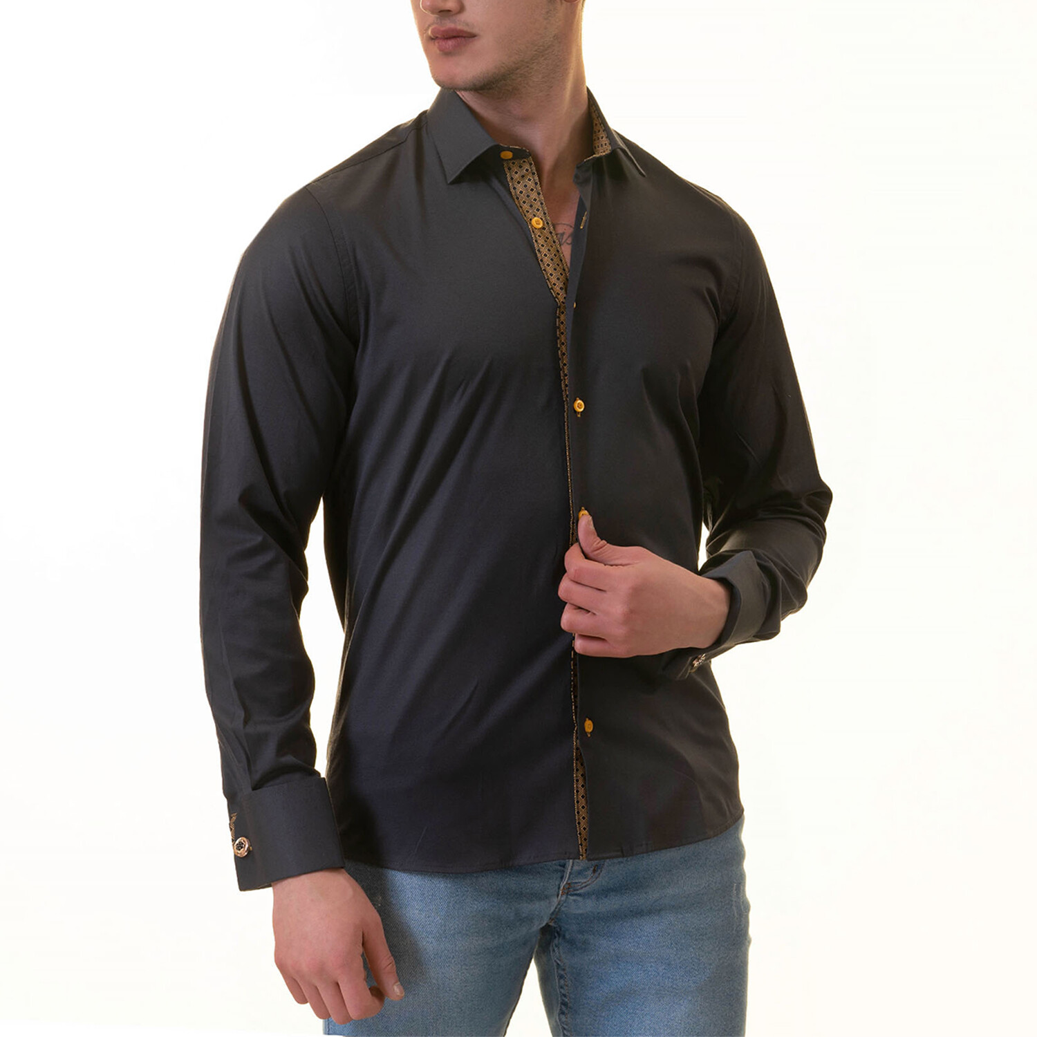 Geometric Print Lined French Cuff Dress Shirt // Black + Gold (5XL ...