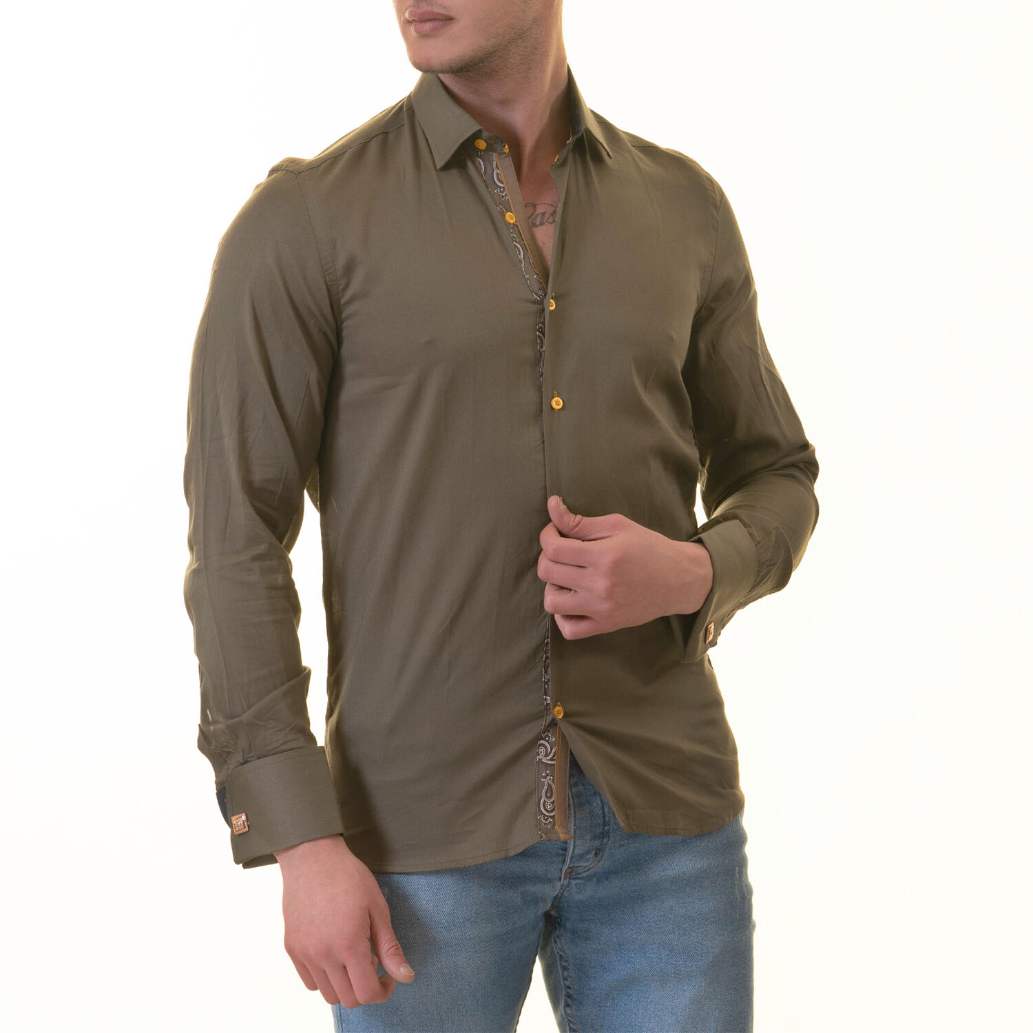 Contrast Pattern French Cuff Dress Shirt // Green + Navy (M) - Amedeo ...