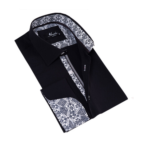 Geometric Print Lined French Cuff Dress Shirt // Black + White (S)