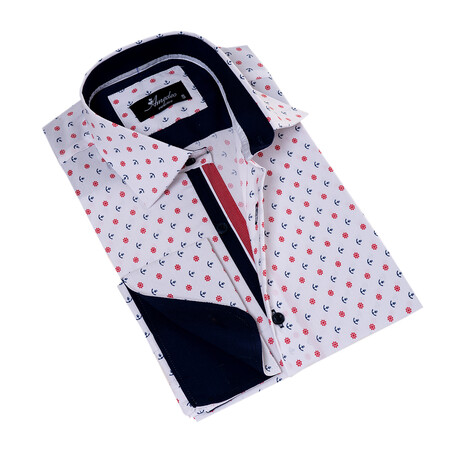 European Made & Designed Reversible Cuff French Cuff Dress Shirt // White + Blue + Red (S)