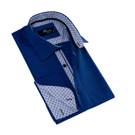 Geometric Print Lined French Cuff Dress Shirt // Royal Blue + White (S)