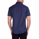 Square Microprint Short-Sleeve Button-Up Shirt // Navy (M)