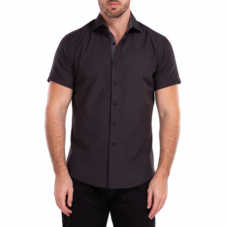 Geometric Short-Sleeve Button-Up Shirt // Black (XS)