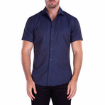 Square Microprint Short-Sleeve Button-Up Shirt // Navy (L)