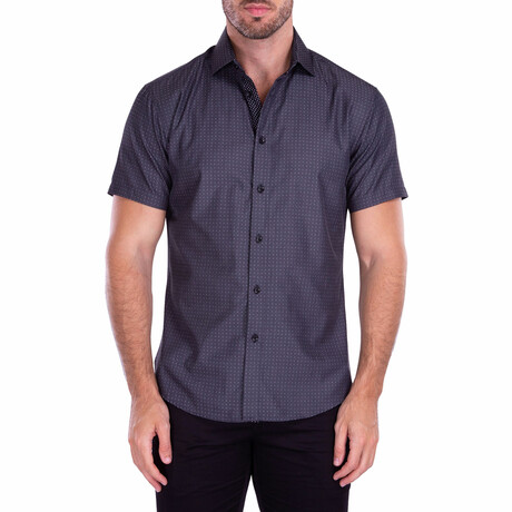 Square Microprint Short-Sleeve Button-Up Shirt // Black (XS)