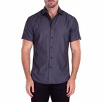Square Microprint Short-Sleeve Button-Up Shirt // Black (M)