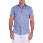 Classic Linen Texture Short-Sleeve Button-Up Shirt // Blue (XS)