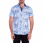 Floral Print Short-Sleeve Button-Up Shirt // Blue (S)