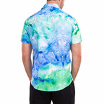 Abstract Watercolor Short-Sleeve Button-Up Shirt // Blue (M)