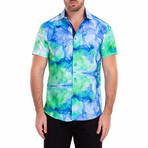 Abstract Watercolor Short-Sleeve Button-Up Shirt // Blue (S)