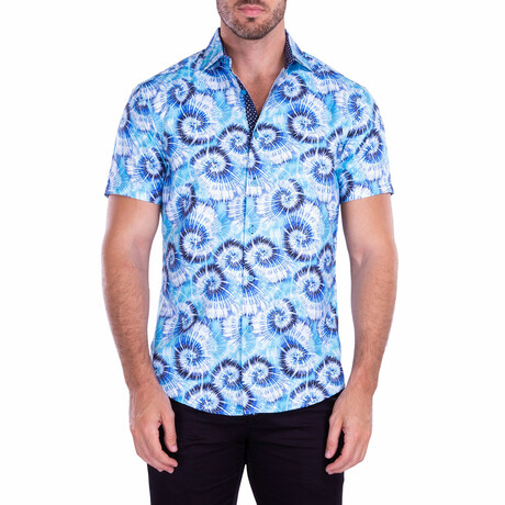 Spiral Tie-Dye Print Short-Sleeve Button-Up Shirt // Turquoise (XS)