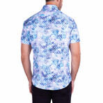Tribal Spiral Print Short-Sleeve Button-Up Shirt // Blue (S)
