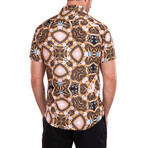 Abstract Treasure Print Short-Sleeve Button-Up Shirt // White (M)
