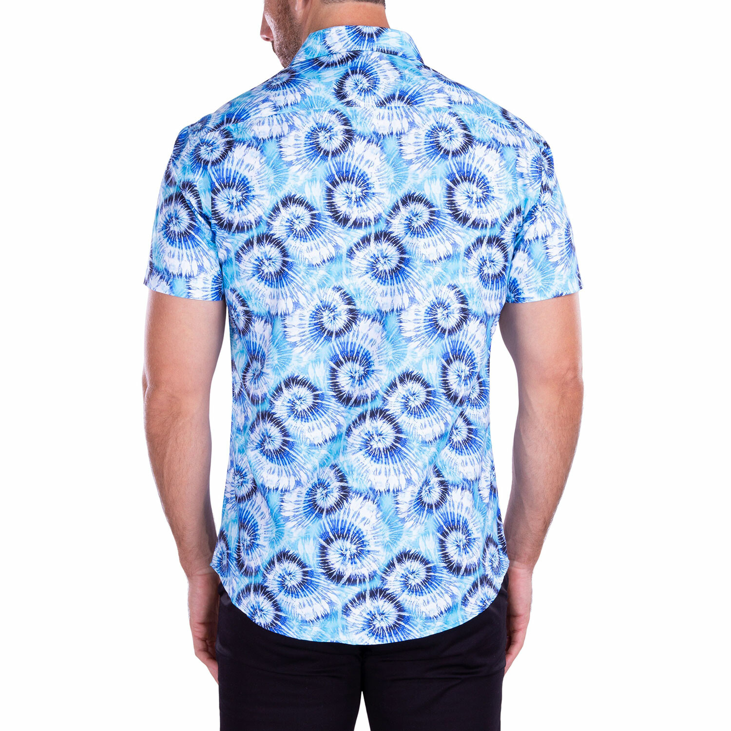 Spiral Tie-Dye Print Short-Sleeve Button-Up Shirt // Turquoise (XS ...