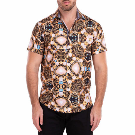 Abstract Treasure Print Short-Sleeve Button-Up Shirt // White (XS)