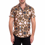 Abstract Treasure Print Short-Sleeve Button-Up Shirt // White (L)