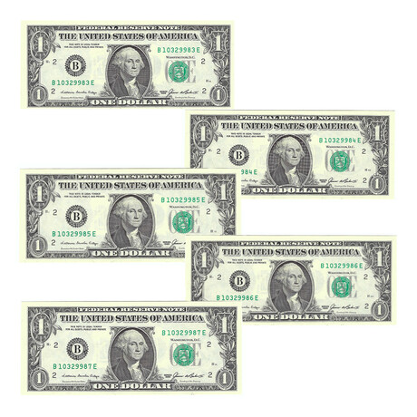 1985 $1 U.S. Federal Reserve Notes // Set of 5 Sequential Serial Numbers // Choice Crisp Uncirculated // Deluxe Collector's Pouch