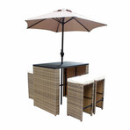 Wicker Rattan Outdoor Lounge Bar Set with Umbrella //  Set of 6 (Multi-Tan Rattan Beige Cushion)